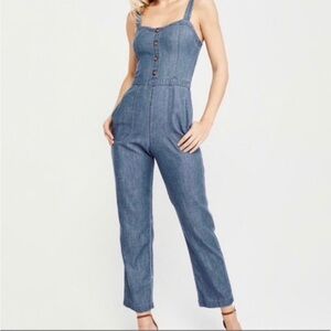 Abercrombie & Fitch Y2K Chambray Jumpsuit Women’s Size S Smocked Back Pockets